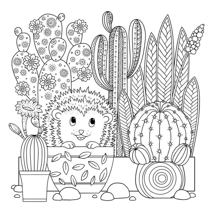 Hérisson dans un pot entouré de cactus différents motifs, coloriage anti stress dessin zen activité manuelle pour se sentir bien 