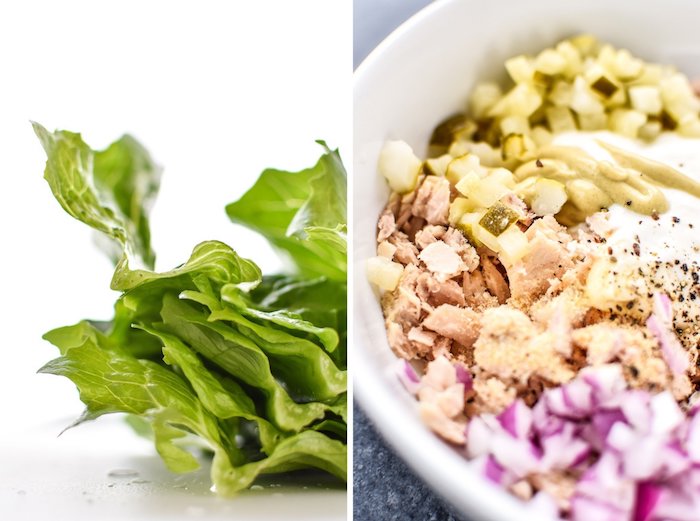 exemple de salade au thon, mayonnaise, concombre suris, oignons, poivre et sel, repas équilibré pour midi