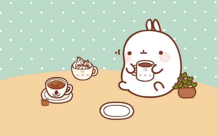 dessin animal kawaii en train de boire du café sur fond bleu et marron pale