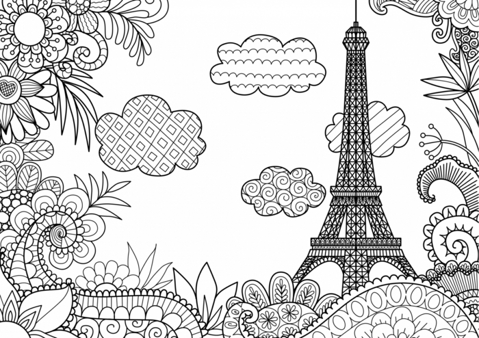 Paris coloriage adulte, idée dessin zen à retracer quand on s ennuie, la tour eiffel dessin à colorier