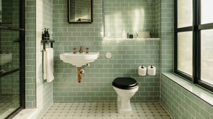 Rétro salle de bain vert de gris carrelage sol blanc et noir, quelle couleur pour une salle de bain, couleur salle de bain