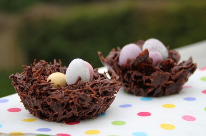 comment faire un mini gateau de paques simple, idée de nid sucré au chocolat noir fondu en forme de nid remplis d’œufs en chocolat