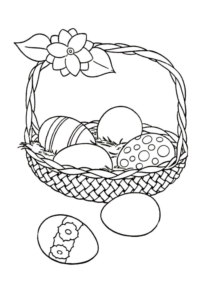 dessin de paques a imprimer, illustration Pâques avec panier d'oeufs décorés, idée coloriage simple pour enfant