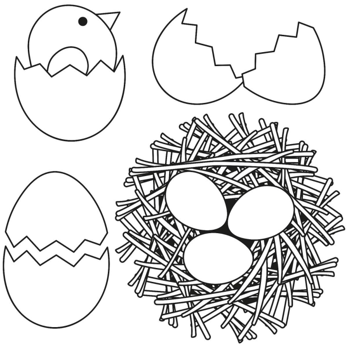 dessin de paques a imprimer, modèle de coloriage facile pour enfant sur le thème de Pâques avec oeufs et poulet