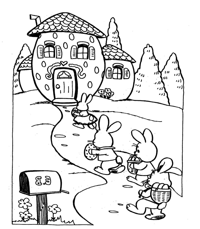 dessin de paques facile à colorier pour enfant, illustration de Pâques ludique avec petits lapins et maisons