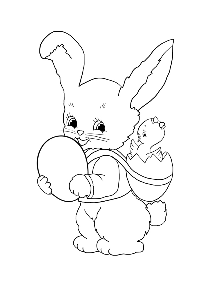 coloriage lapin de paques facile à imprimer, idée de dessin simple à colorier pour les enfants, modèle dessin avec lapin et poulet