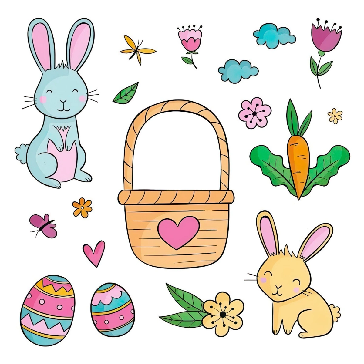 illustrations en couleurs motifs paques lapins oeufs panier coeur carotte