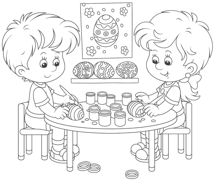 dessin de paques a imprimer, idée coloriage simple pour les enfants, illustration jeux de Pâques à colorier