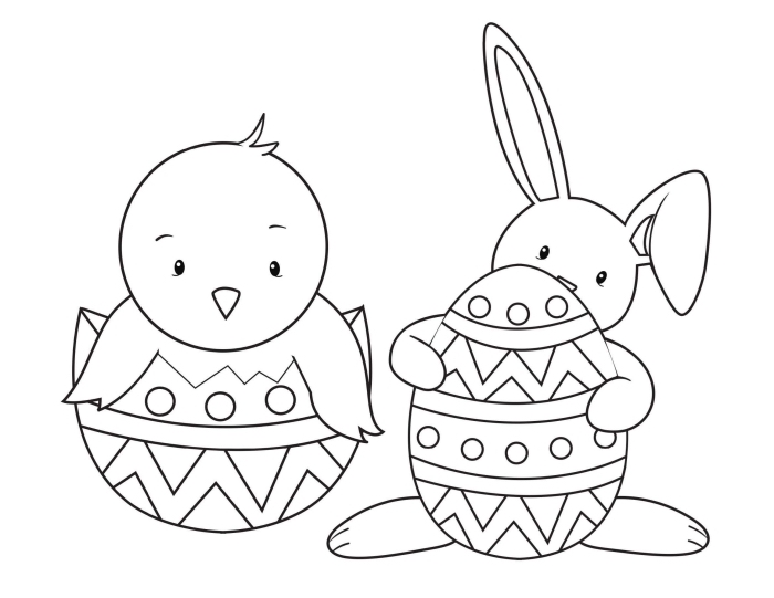 coloriage lapin de paques facile pour enfant, idée de dessin simple sur le thème de Pâque avec lapin et poulet