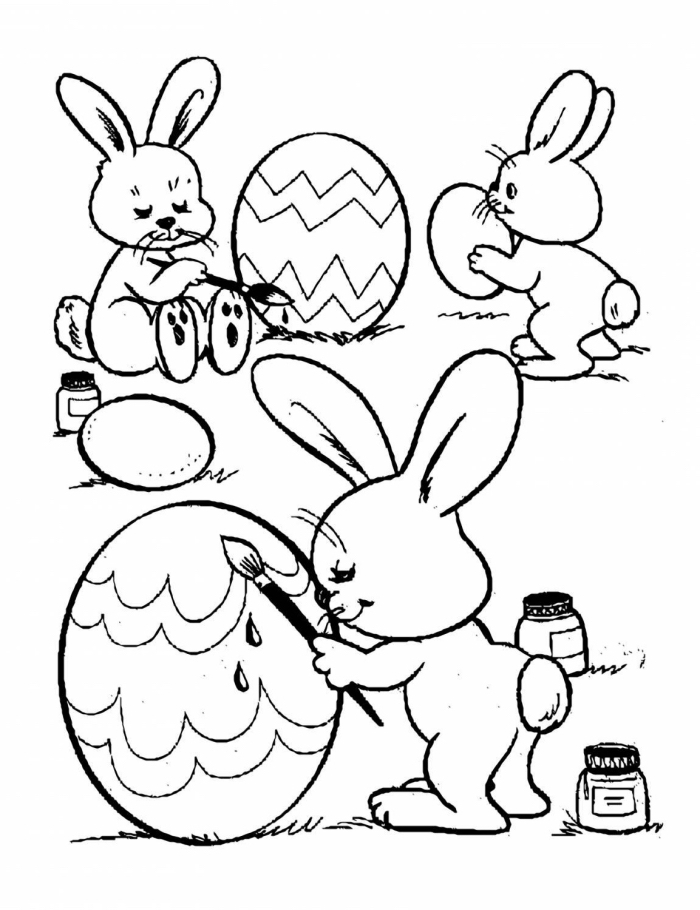 coloriage lapin facile pour enfant, idée dessin facile à imprimer sur le thème de Pâques avec lapins artistes