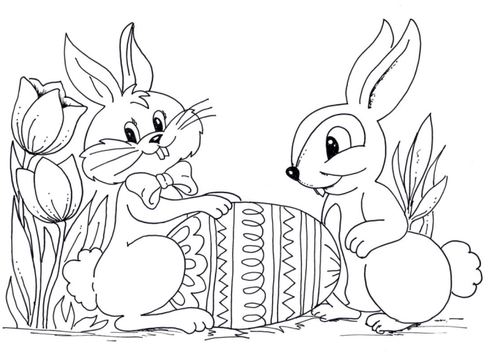 exemple de coloriage lapin facile avec fleurs et animaux, illustration jeu et amitié entre un lapin de Pâque et un écureuil