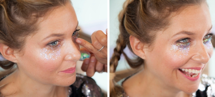 comment réaliser un coachella makeup avec peu de produits, make-up festif avec gel pailleté sous les yeux et mascara