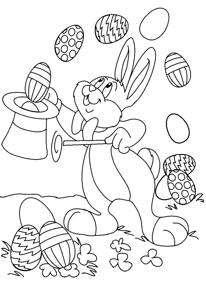 coloriage oeuf de paques rigolo, idée de dessin ludique à colorer avec lapin et oeufs décoré, modèle illustration de Pâque rigolo