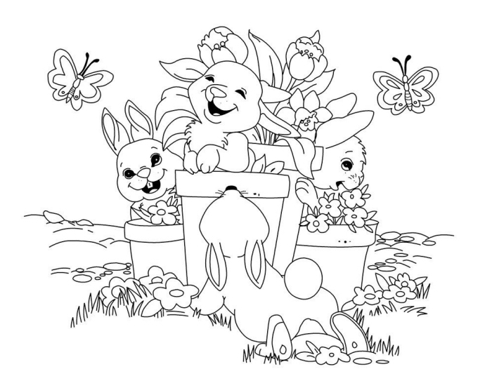 coloriage lapin rigolo à imprimer, idée de dessin facile à colorer avec petits lapins dans un jardin avec fleurs et papillons