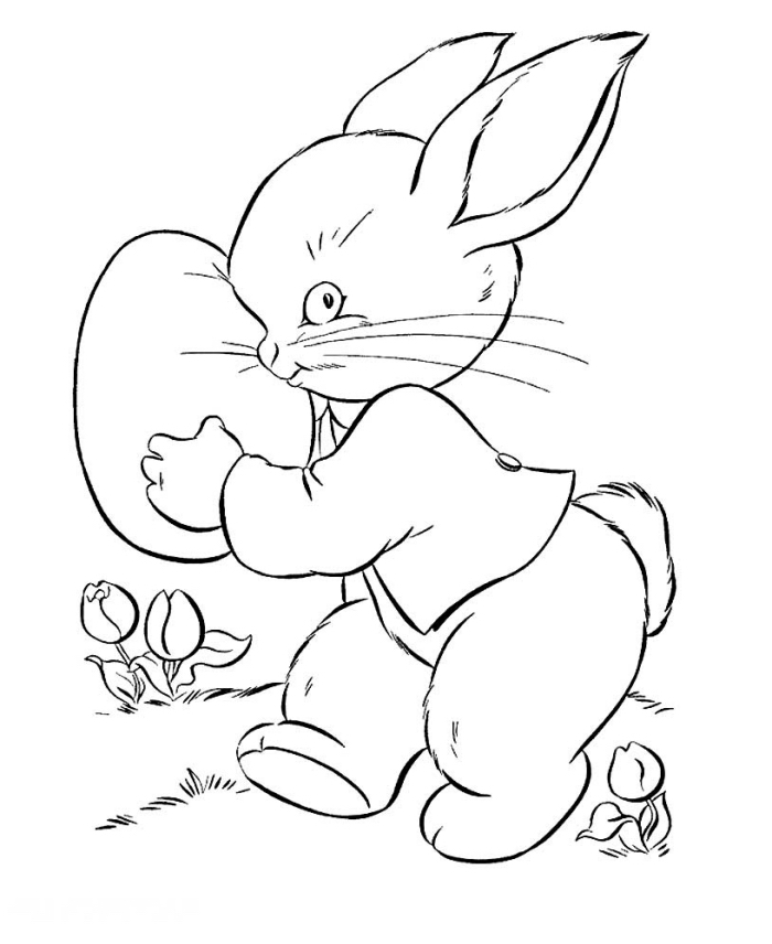 dessin oeuf de paques simple à colorier pour enfant, exemple de coloriage facile avec lapin et chasse aux oeufs