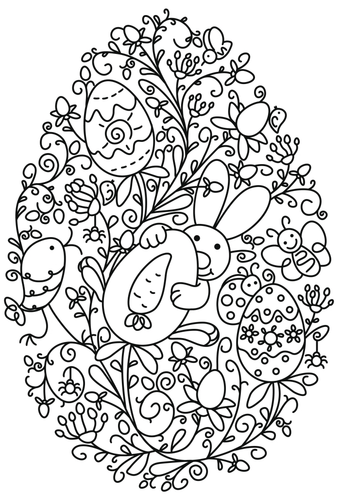 coloriage facile pour enfant, idée dessin simple sur thème de Pâque, dessin gros oeuf à motifs lapins et feuilles