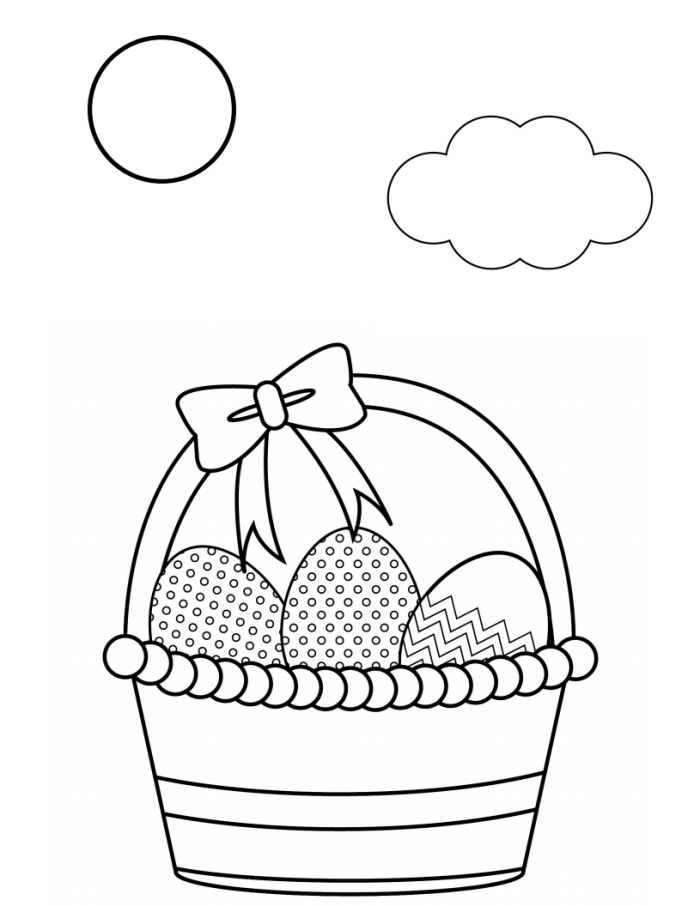 coloriage paques facile pour enfant, modèle de coloriage sur le thème de Pâques avec panier rempli d'oeufs décorés