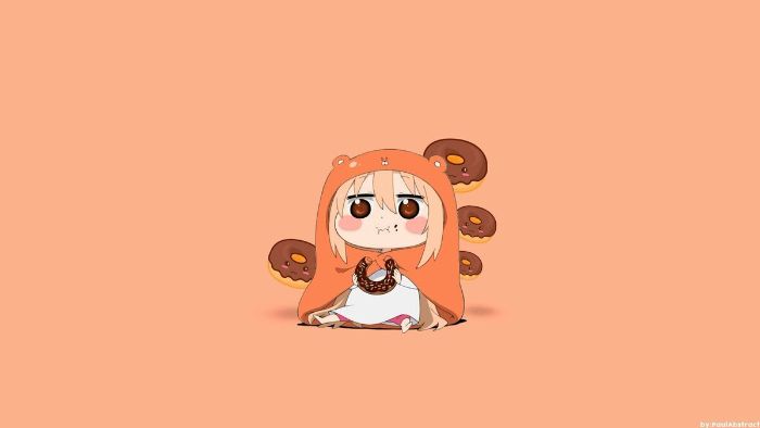 fille manga en pyjama mignonne en train de manger des donuts sur fond saumon, exemple image fond ecran mignonne