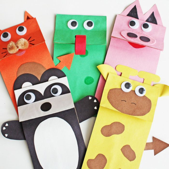 animaux mignons en sac de papier kraft coloré à motifs animal, activité manuelle facile en papier