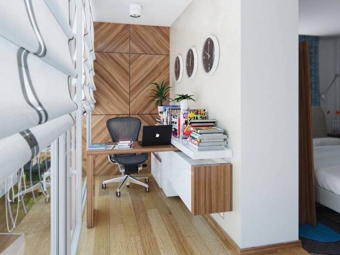 exemple comment bien aménager un petit bureau dans un couloir aux murs en blanc et bois avec meuble bureau et rangement