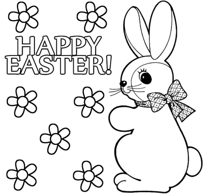 coloriage printemps simple avec petit lapin et fleurs, illustration de Pâques simple à imprimer et colorier pour les petits