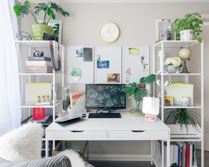 comment décorer son bureau à domicile avec objets exotiques, exemple comment personnaliser un bureau blanc laqué