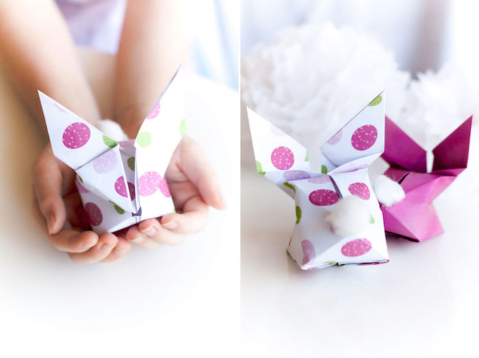 Pliage papier coloré pour former un lapin idee cadeau original de paques, cadeau a faire soi meme facile