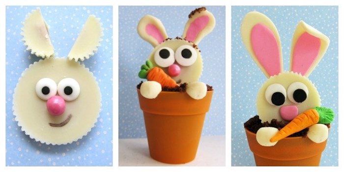 Cupcake lapin qui vit dans un pot au chocolat idée cadeau fait main pour la fete de paques, bricolage de paques