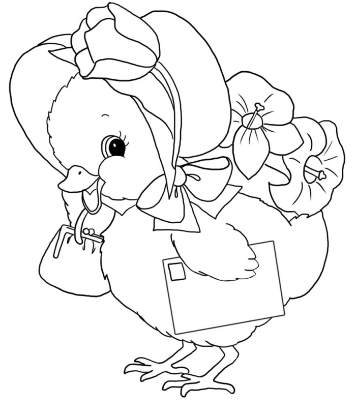 idée de coloriage printemps facile à colorier pour les enfants, modèle de dessin simple de Pâques avec poulet