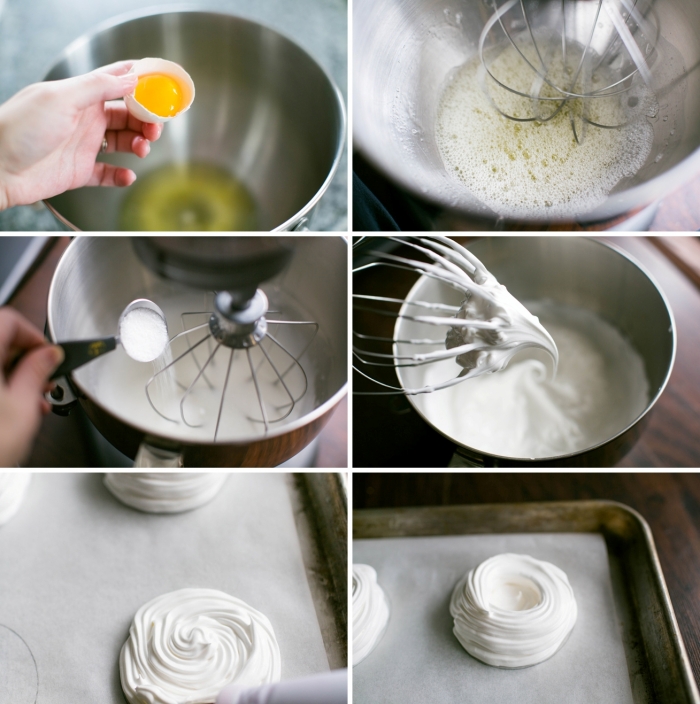 tutoriel préparation meringues faciles avec œufs et tartre, recette nid de paques facile et originale en forme meringues nid