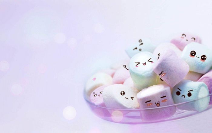 marshmallow kawaii couleur blanc et pastel dans une coupelle en verre, fond ecran kawaii original