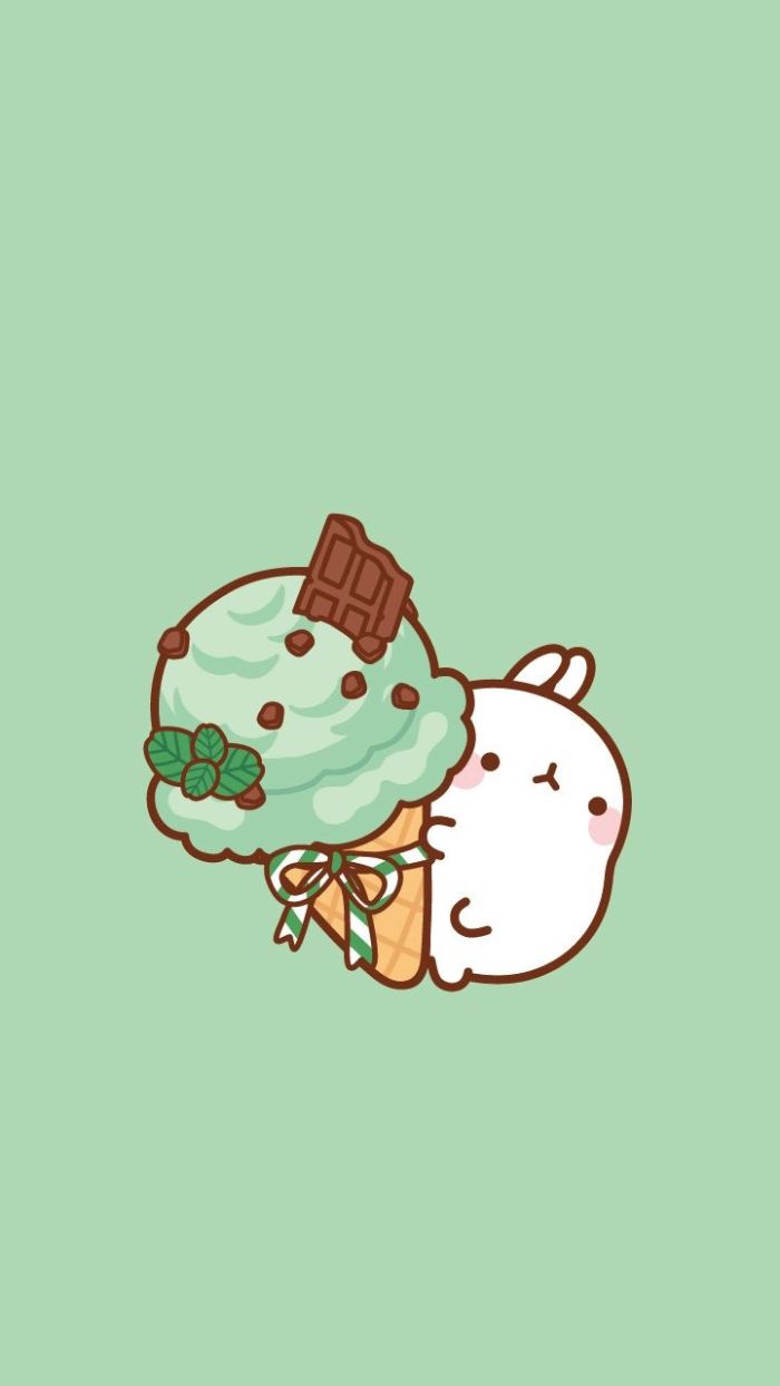 idee de glace à la menthe et chocolat et personnage kawaii sur fond vert, idee fond ecran nourriture interessant