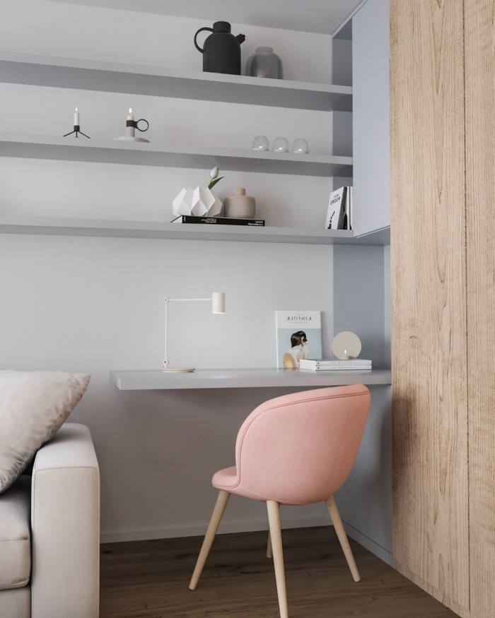 exemple comment décorer un bureau petit espace aux murs gris clair, espace de travail avec bureau suspendu et chaise