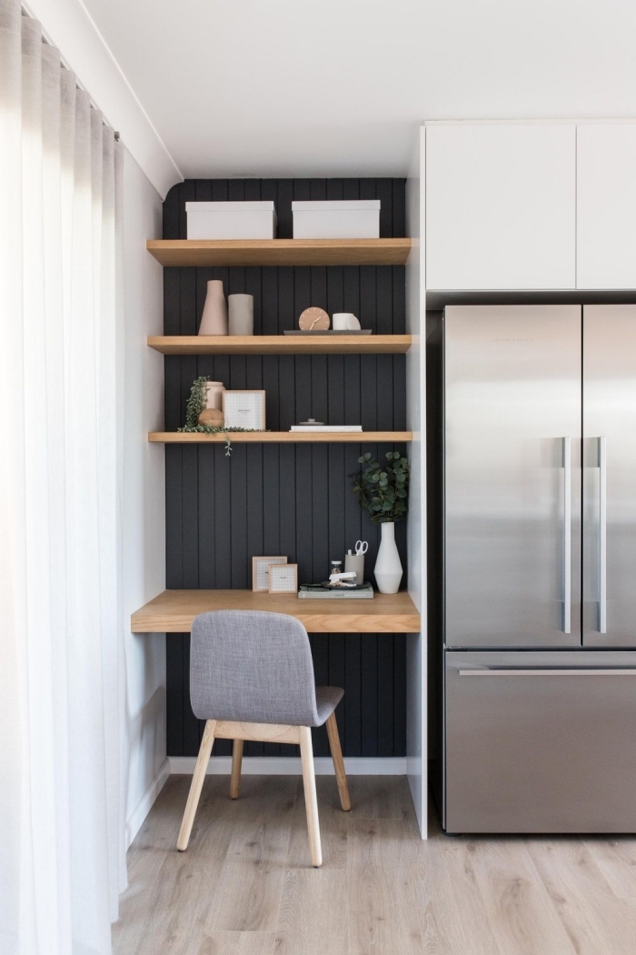 idée aménagement studio 25m2 ikea meubles en bois, exemple comment faire un petit espace de travail dans la cuisine