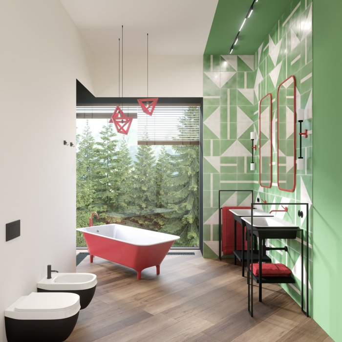 Belle salle de bain avec vue de la foret, vert et rouge baignoire, peinture vert d'eau, peindre la salle de bain vert d'eau beau