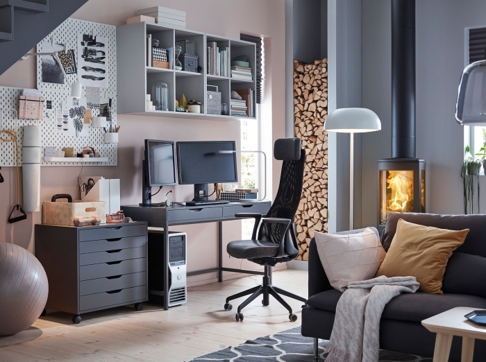 design coin de travail à domicile moderne avec meubles gris foncé et clair, idée de bureau avec tiroir contemporain