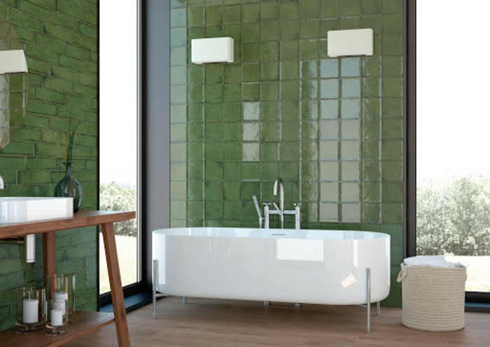Meuble lavabo bois salle de bain vert d'eau, couleur peinture salle de bain vert