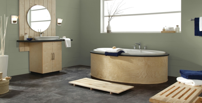bamboo meubles, miroir ronde, mur peinture taupe vert, idee salle de bain, couleur peinture salle de bain photo