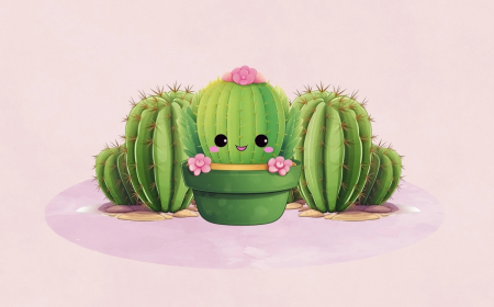 wallpaper ordinateur pc fond ecran kawaii dessin cactus vert fleurs roses