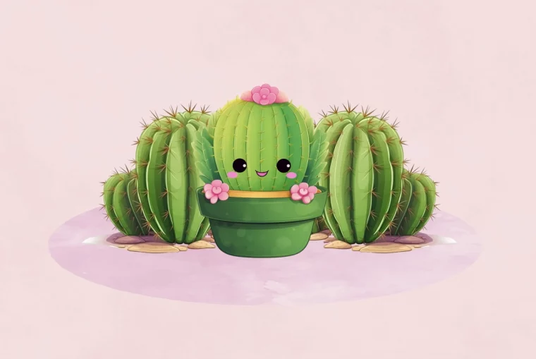 wallpaper ordinateur pc fond ecran kawaii dessin cactus vert fleurs roses