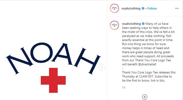 La marque new yorkaise NOAH annonce sur Instagram l'arrivée d'un tee shirt 'Thank You" lancé au profit de la lutte contre le covid 19