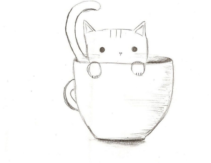 modèle de dessin de chat facile pour débutants, apprendre à dessiner un petit chat dans une grande tasse de café