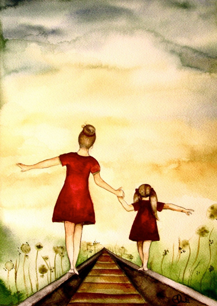 Mère et enfant en promenade dans la nature en robes rouges cadeau fête des mères à fabriquer, images fête des mères original