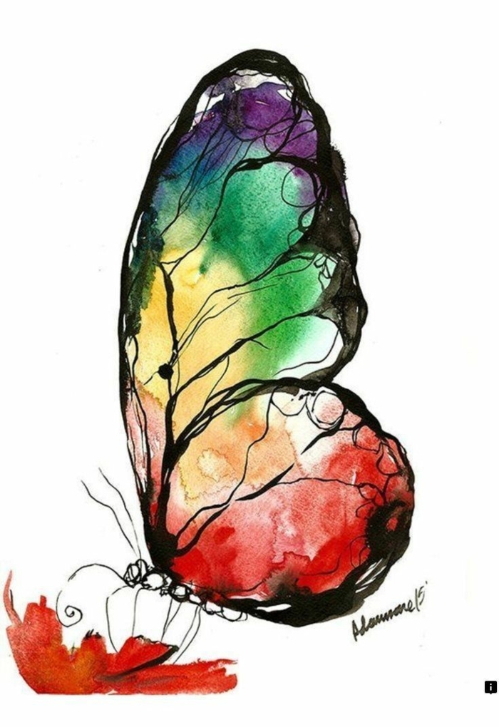 Aquarelle dessin papillon couleur arc en ciel, papillon dessin parfait pour débutant commencer a dessiner