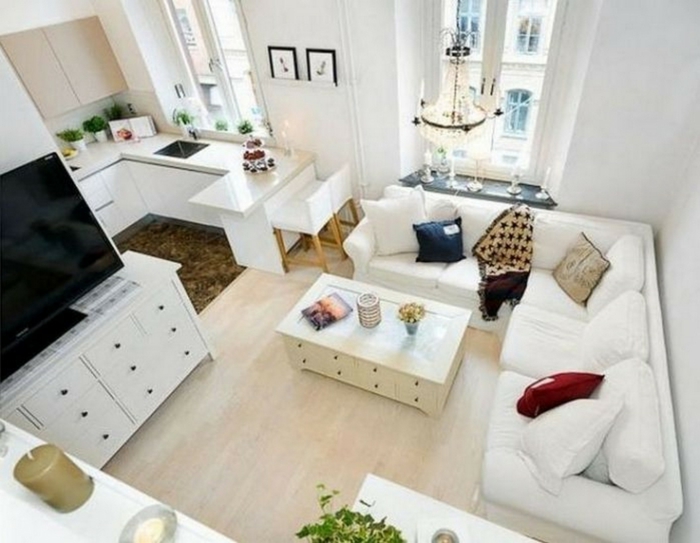 Blanc canapé en angle, idée déco appartement, amenagement petit espace à décorer pour soi