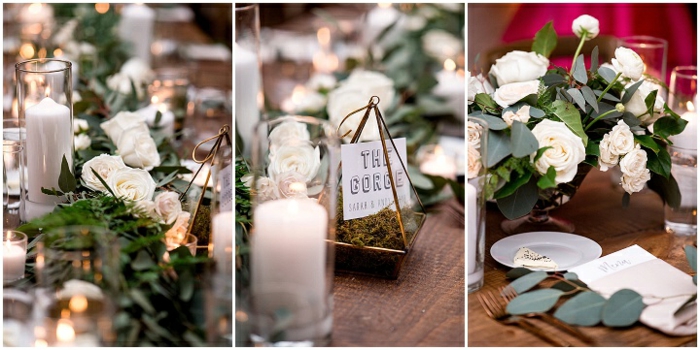 Plantes vertes et roses blanches pour la deco de table champetre, idee deco mariage rustique amenagement