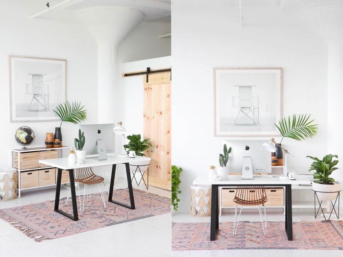 quelles sont les plus belles plantes d'intérieur pour décorer son home office, idée de bureau domicile moderne en blanc et bois