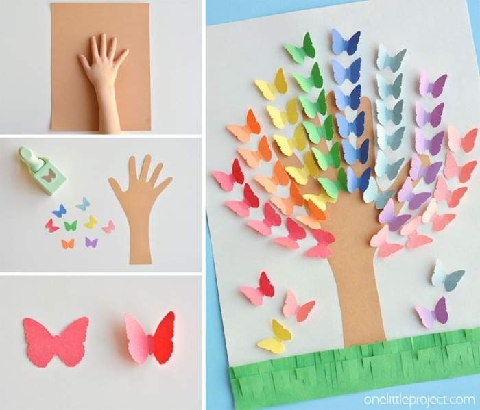 idée de bricolage fête des mères maternelle avec papier, tutoriel comment faire un arbre en empreinte d'enfant avec papillons 3d