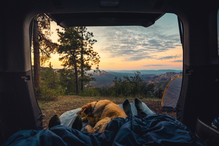 Belle vue d'une caravane couple et son chien à la montagne, fond d écran classe, photo les plus beau fond d écran gratuit