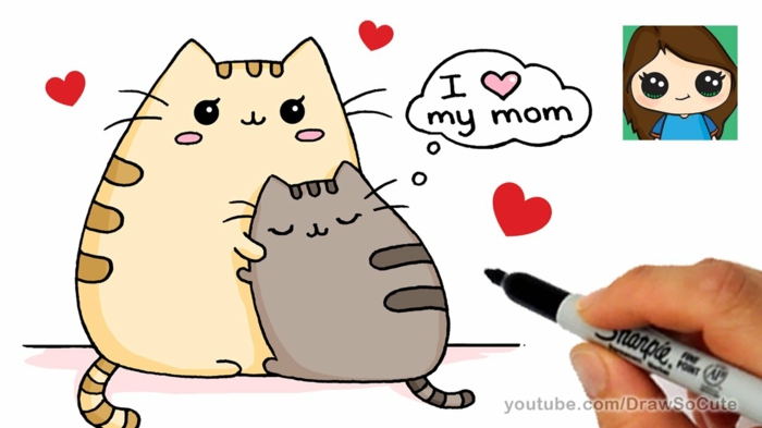 Chaton mignon avec sa maman image fete des meres, coloriage bonne fete maman simple et facile